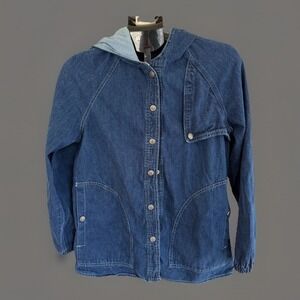 Vintage 70s Mushroom Brand Denim Jacket Womens Large Hooded Solid Indigo Rare